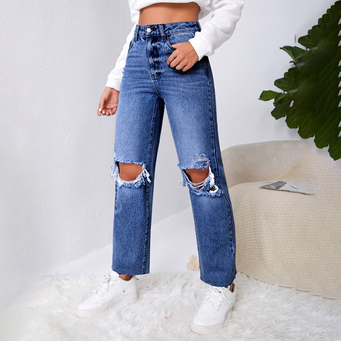 Ripped Raw Cut Straight Leg Jeans