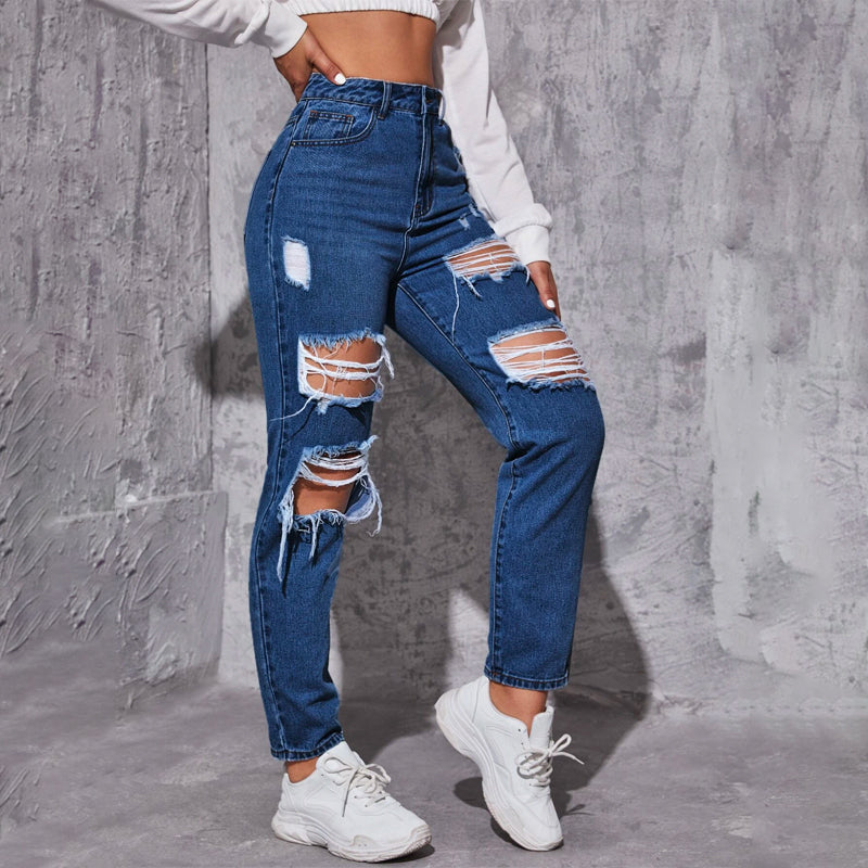 High Waist Ripped Frayed Tapered Jeans
