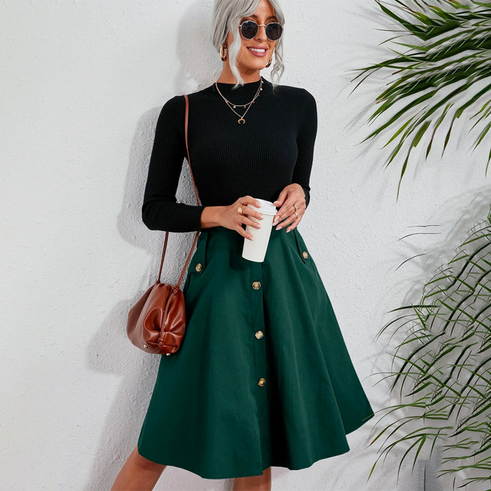 Solid Single Breasted Flare Skirt