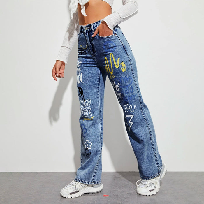 Slogan and Yin & Yang Print Jeans