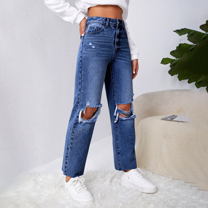 Ripped Raw Cut Straight Leg Jeans