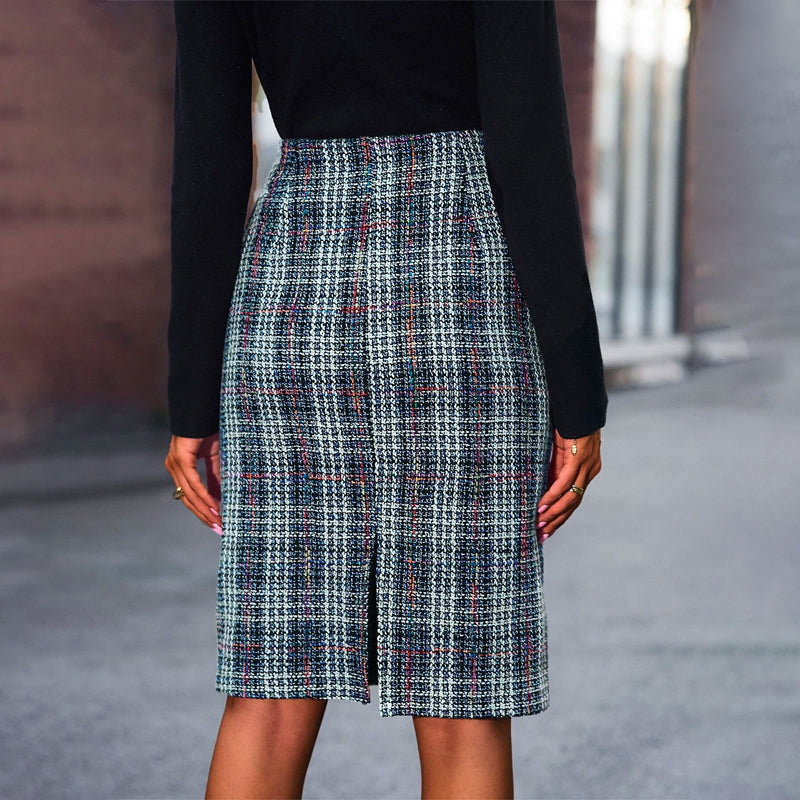 Plaid Split Back Tweed Straight Skirt