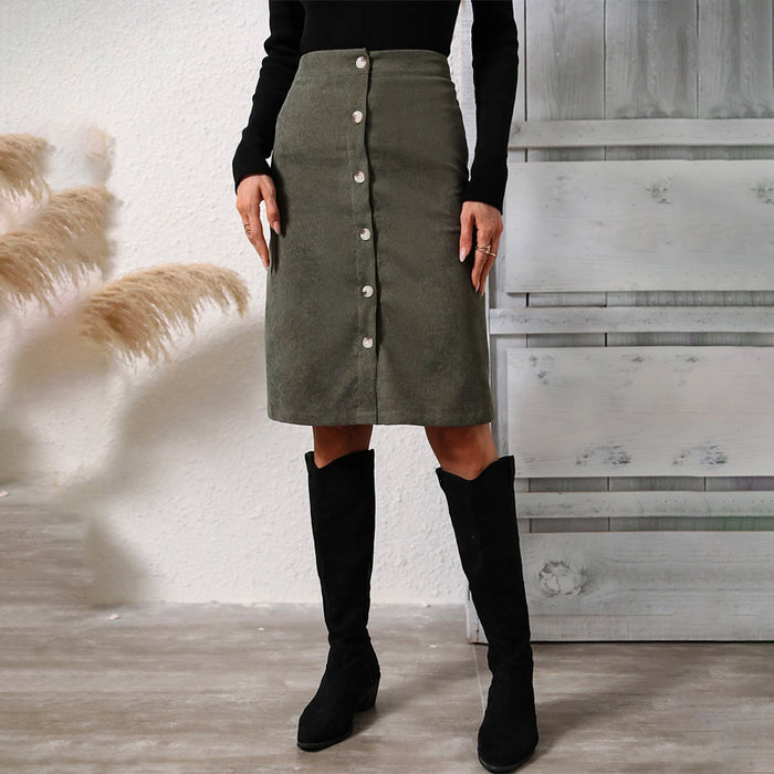 High Waist Button Front Corduroy Skirt