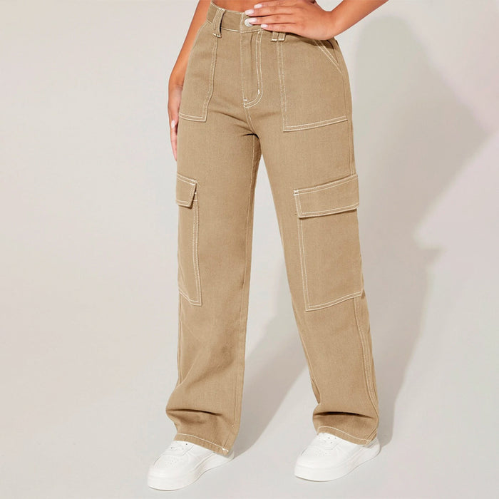 Plain High Waist Flap Pocket Cargo Jeans