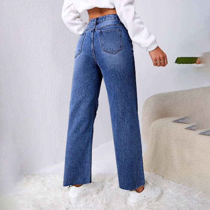 Ripped Raw Cut Straight Leg Jeans