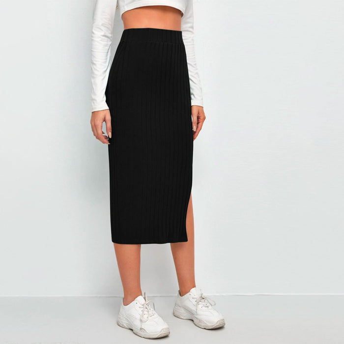 Slit Hem Rib-Knit Pencil Skirt