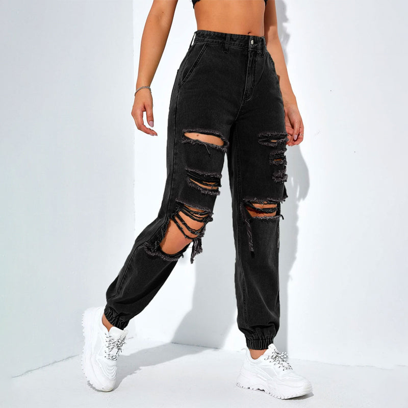 Plain Ripped Cut Out Jogger Jeans