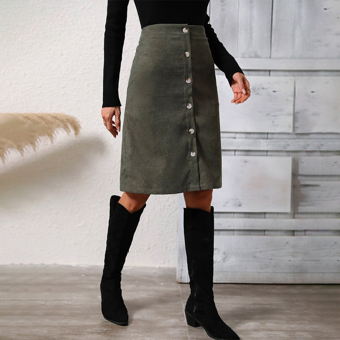 High Waist Button Front Corduroy Skirt