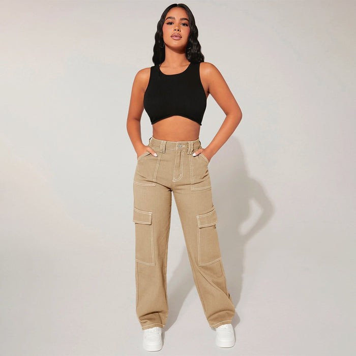 Plain High Waist Flap Pocket Cargo Jeans