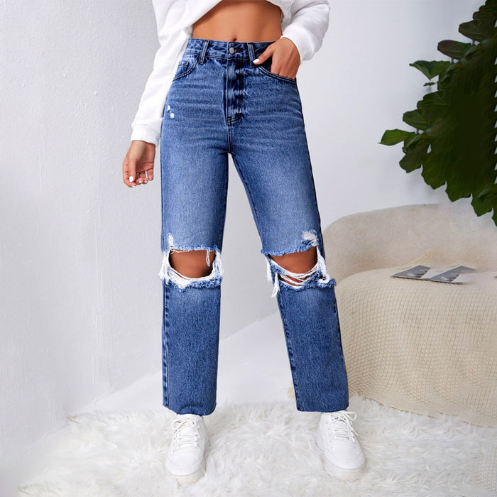 Ripped Raw Cut Straight Leg Jeans