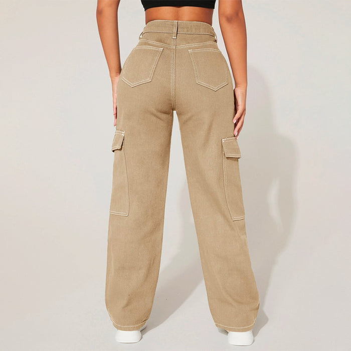 Plain High Waist Flap Pocket Cargo Jeans