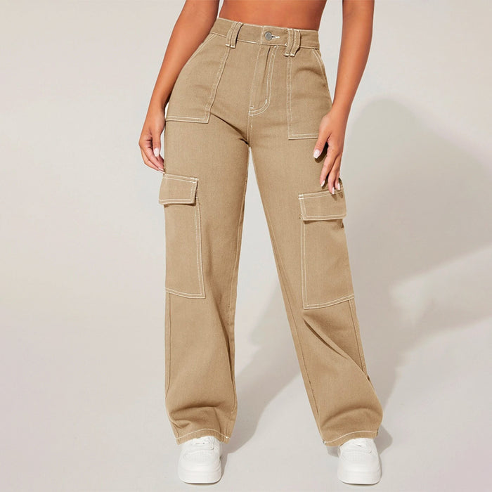 Plain High Waist Flap Pocket Cargo Jeans