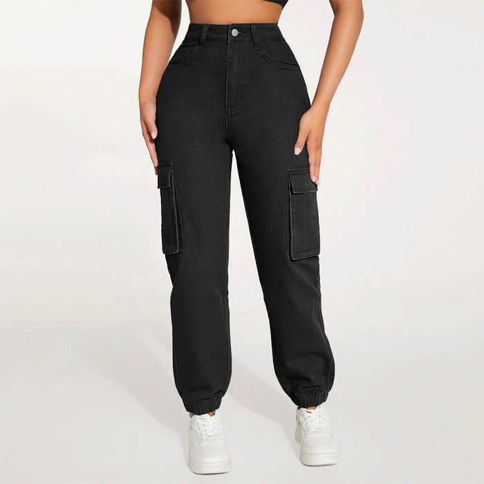 High Waist Flap Pocket Side Cargo Jeans