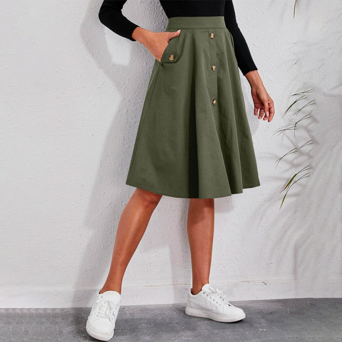 Solid Single Breasted Flare Skirt