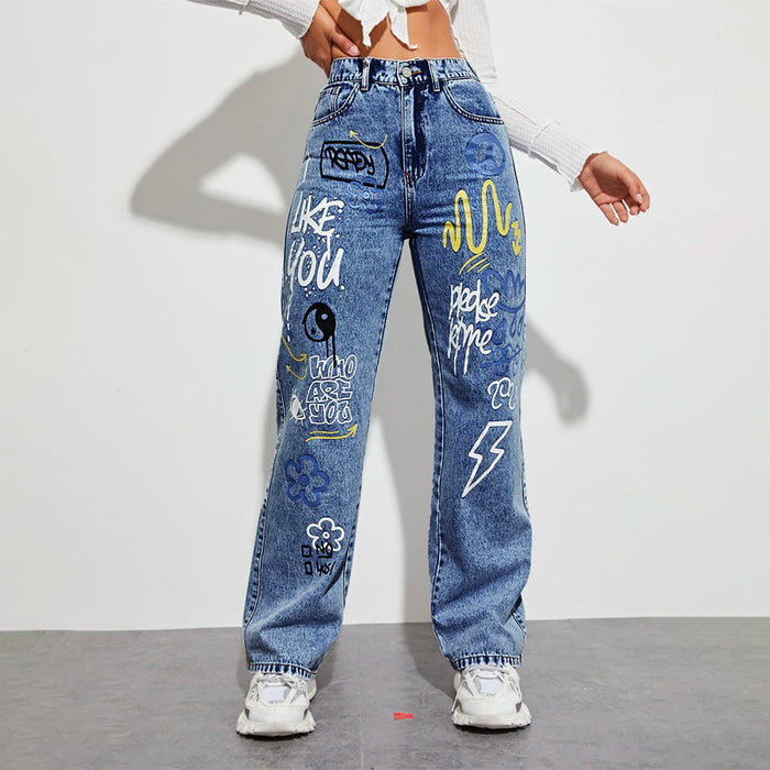 Slogan and Yin & Yang Print Jeans