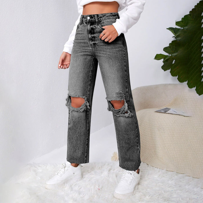 Ripped Raw Cut Straight Leg Jeans