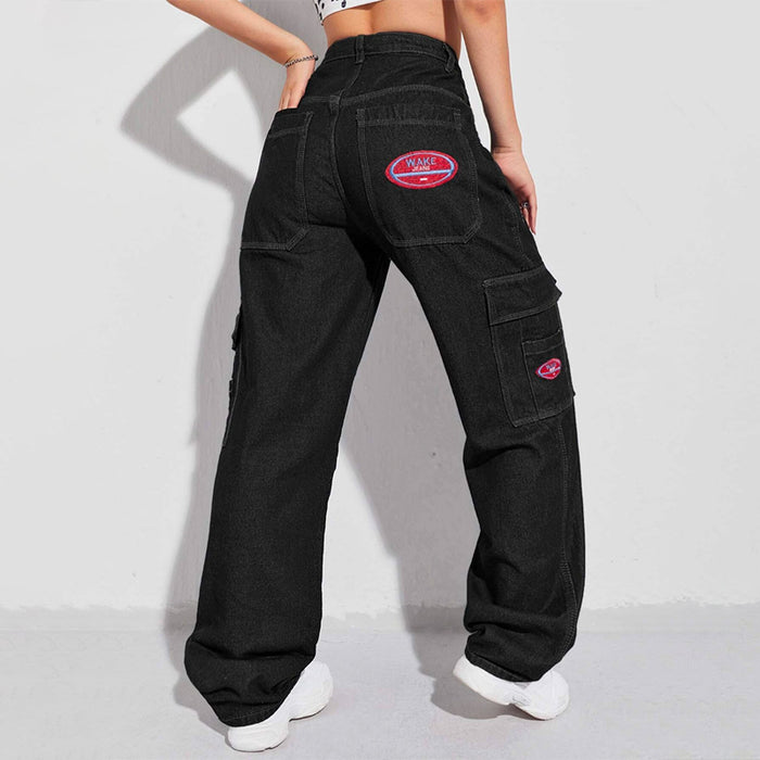 Patched Detail Flap Pocket Wide Leg Jeans