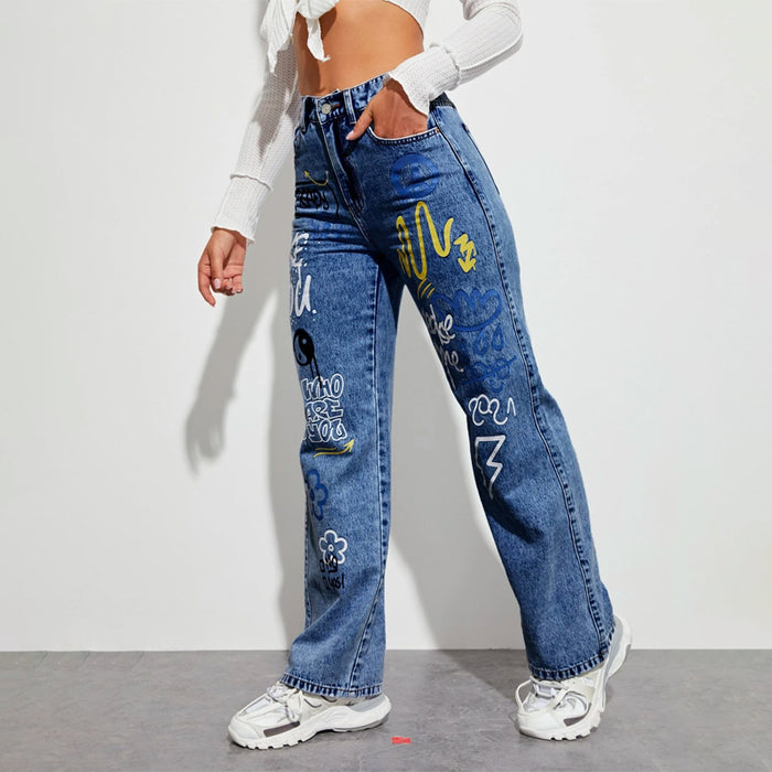 Slogan and Yin & Yang Print Jeans