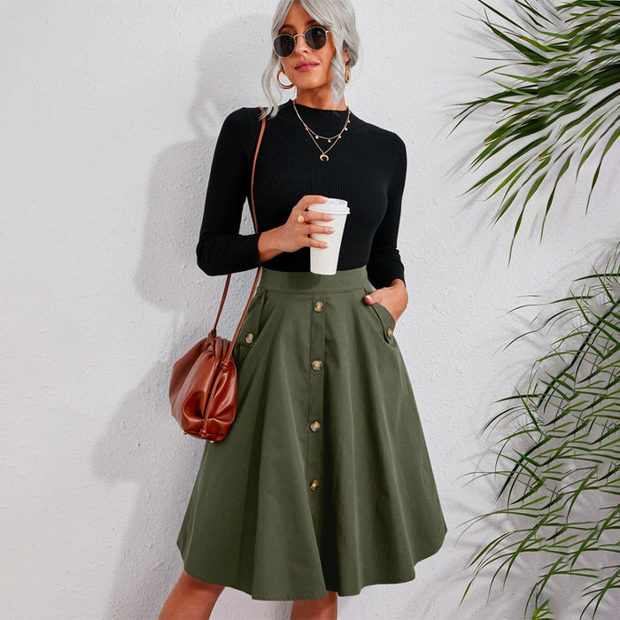 Solid Single Breasted Flare Skirt