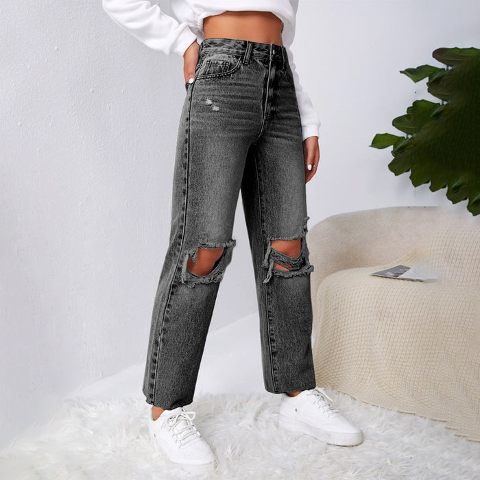 Ripped Raw Cut Straight Leg Jeans