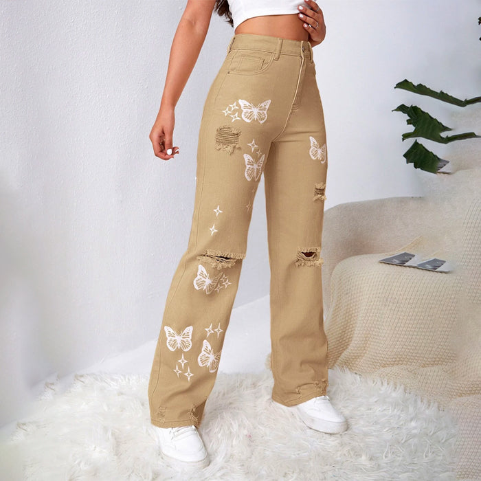 Bleach Wash Ripped Detail Butterfly Jeans