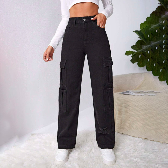 High Waist Western Flap Pocket Ripped Jeans