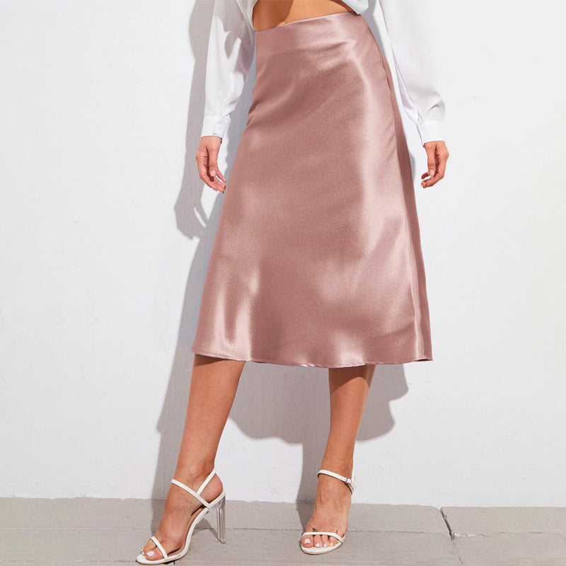 Zipper Side Solid Satin Skirt