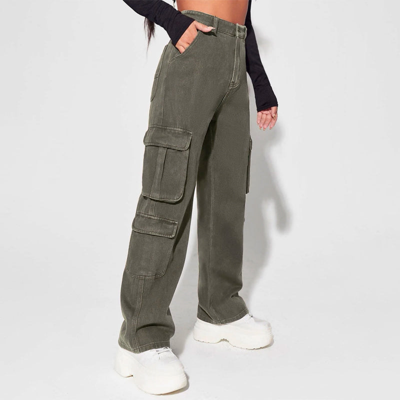 High Waist Flap Pocket Cargo Denim Jeans