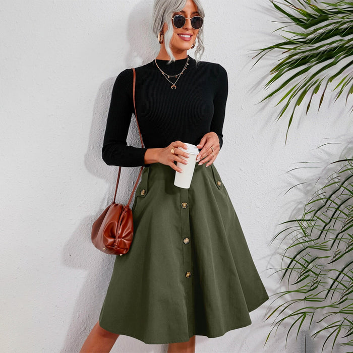 Solid Single Breasted Flare Skirt