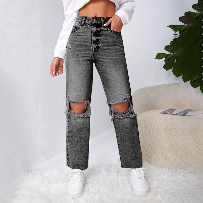 Ripped Raw Cut Straight Leg Jeans