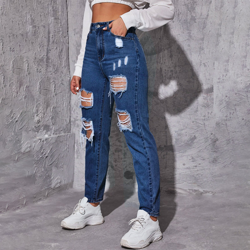 High Waist Ripped Frayed Tapered Jeans
