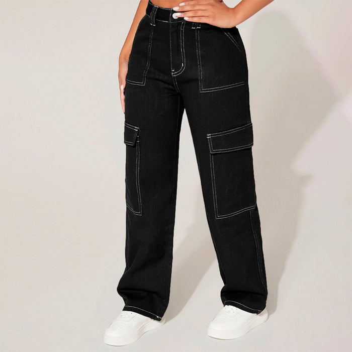 Plain High Waist Flap Pocket Cargo Jeans