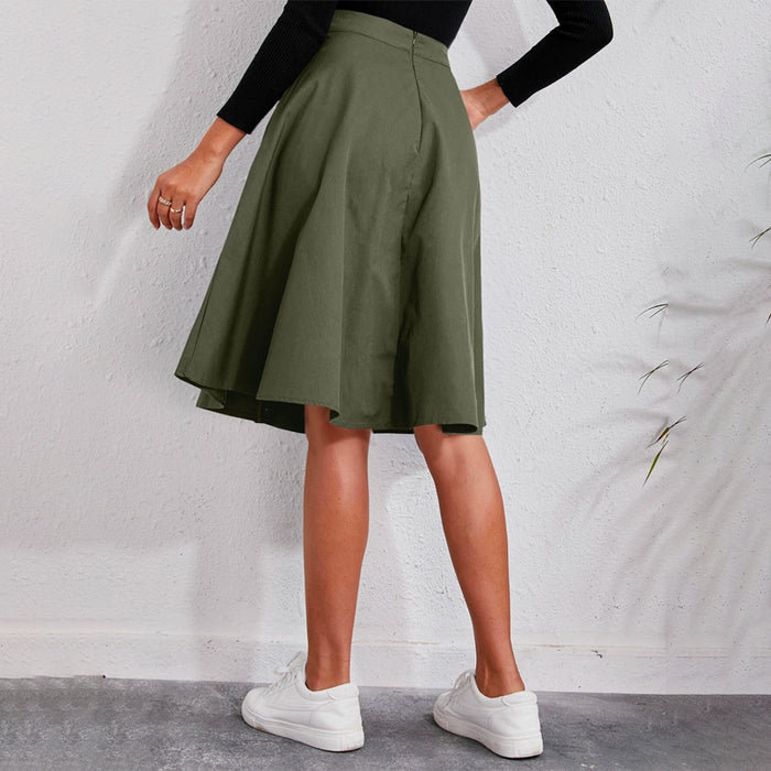 Solid Single Breasted Flare Skirt