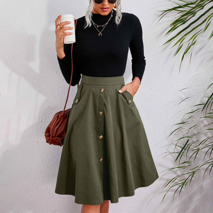 Solid Single Breasted Flare Skirt