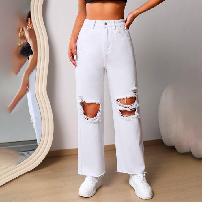 Ripped Raw Cut Straight Leg Jeans