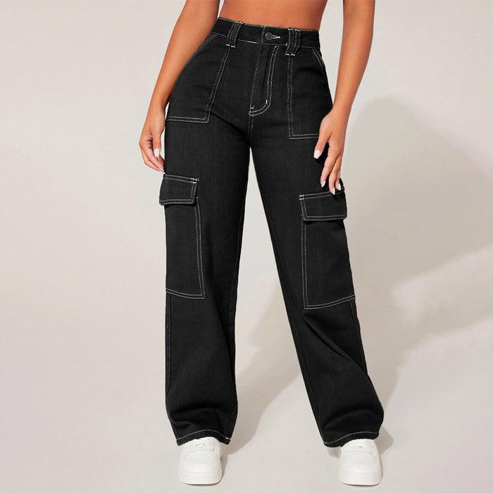 Plain High Waist Flap Pocket Cargo Jeans