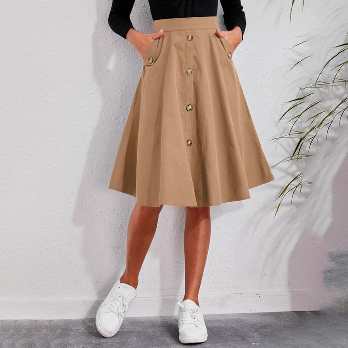 Solid Single Breasted Flare Skirt