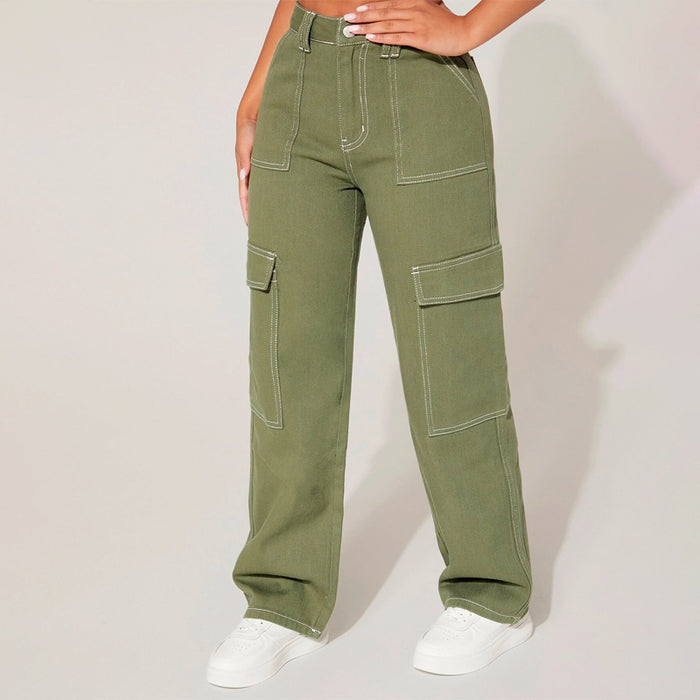 Plain High Waist Flap Pocket Cargo Jeans