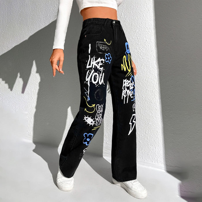 Slogan and Yin & Yang Print Jeans