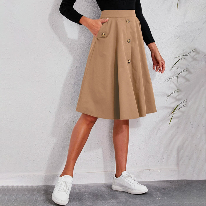 Solid Single Breasted Flare Skirt