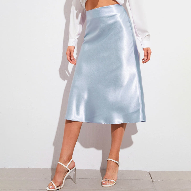 Zipper Side Solid Satin Skirt