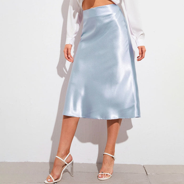 Zipper Side Solid Satin Skirt