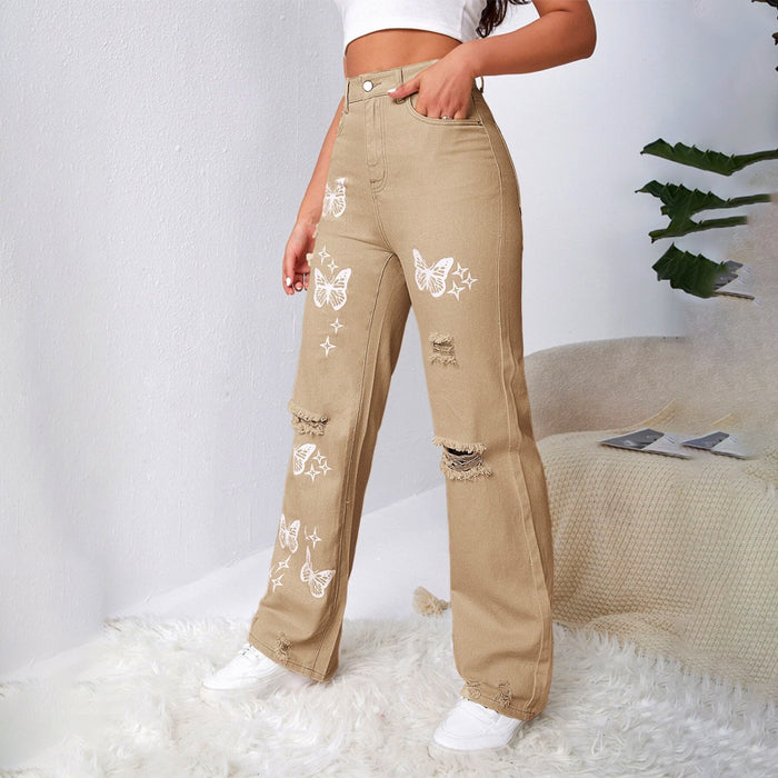 Bleach Wash Ripped Detail Butterfly Jeans