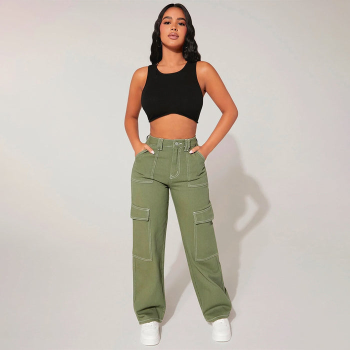 Plain High Waist Flap Pocket Cargo Jeans