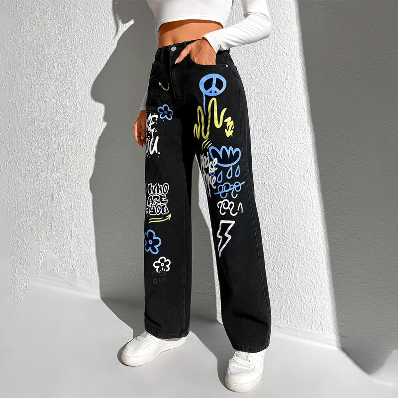 Slogan and Yin & Yang Print Jeans