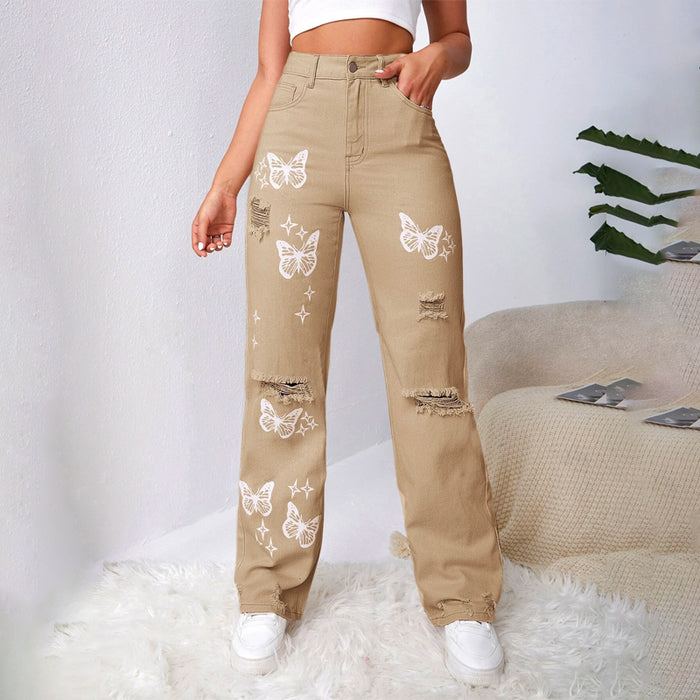 Bleach Wash Ripped Detail Butterfly Jeans