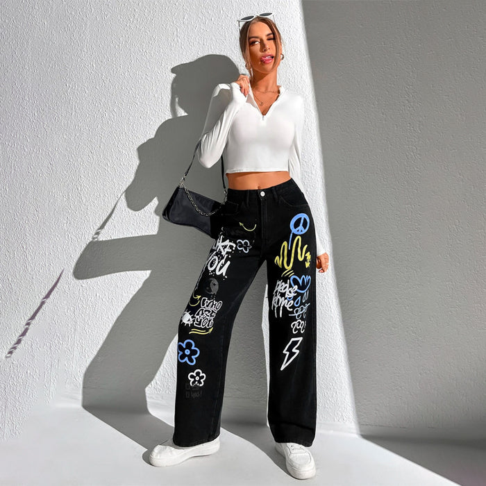 Slogan and Yin & Yang Print Jeans