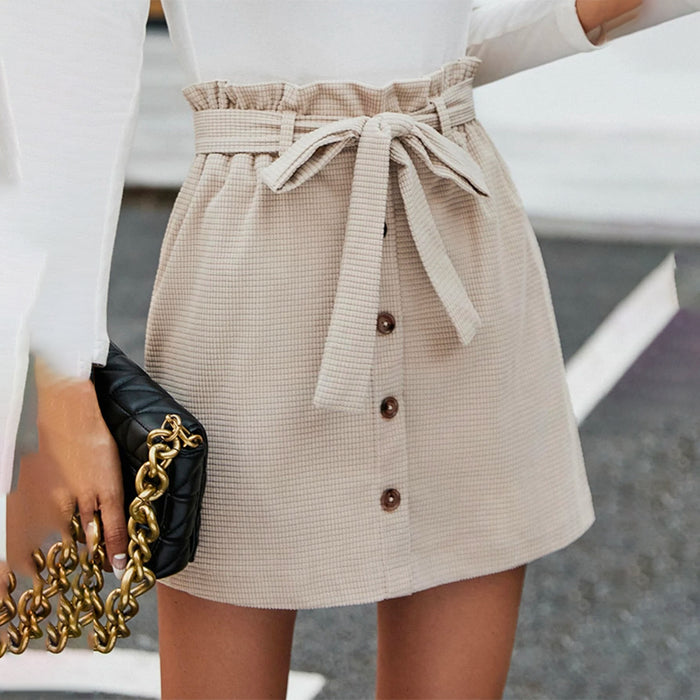 Waist Button Belted Skirt