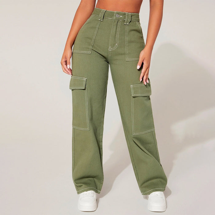 Plain High Waist Flap Pocket Cargo Jeans