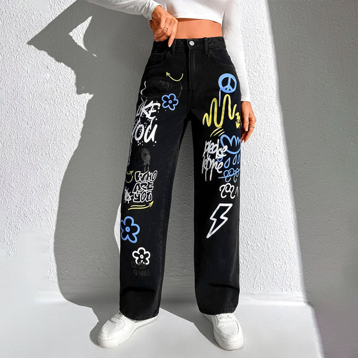 Slogan and Yin & Yang Print Jeans